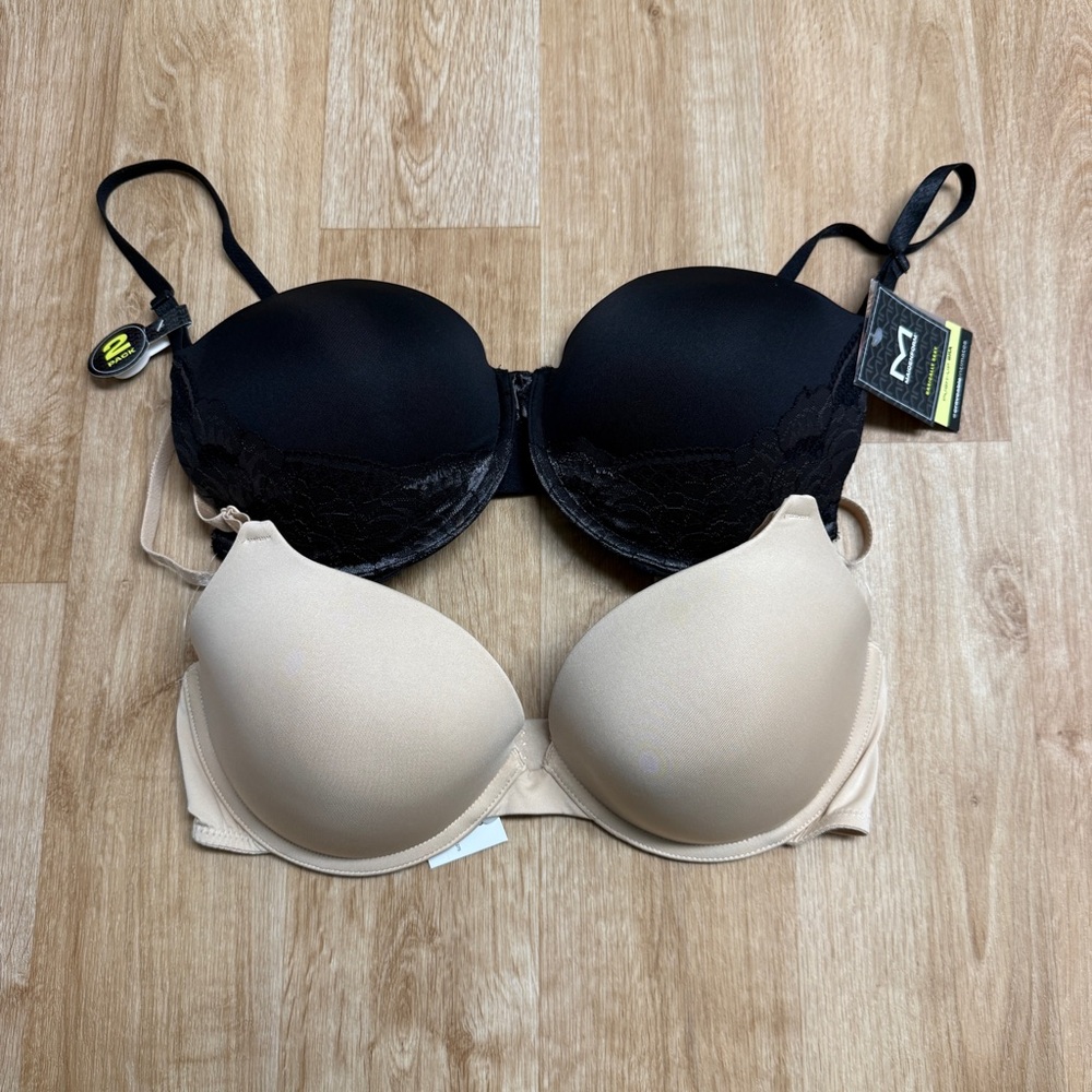 Maidenform Push Up Bras 2 Pack Black Lace Beige Size 38D Wired Convertible New